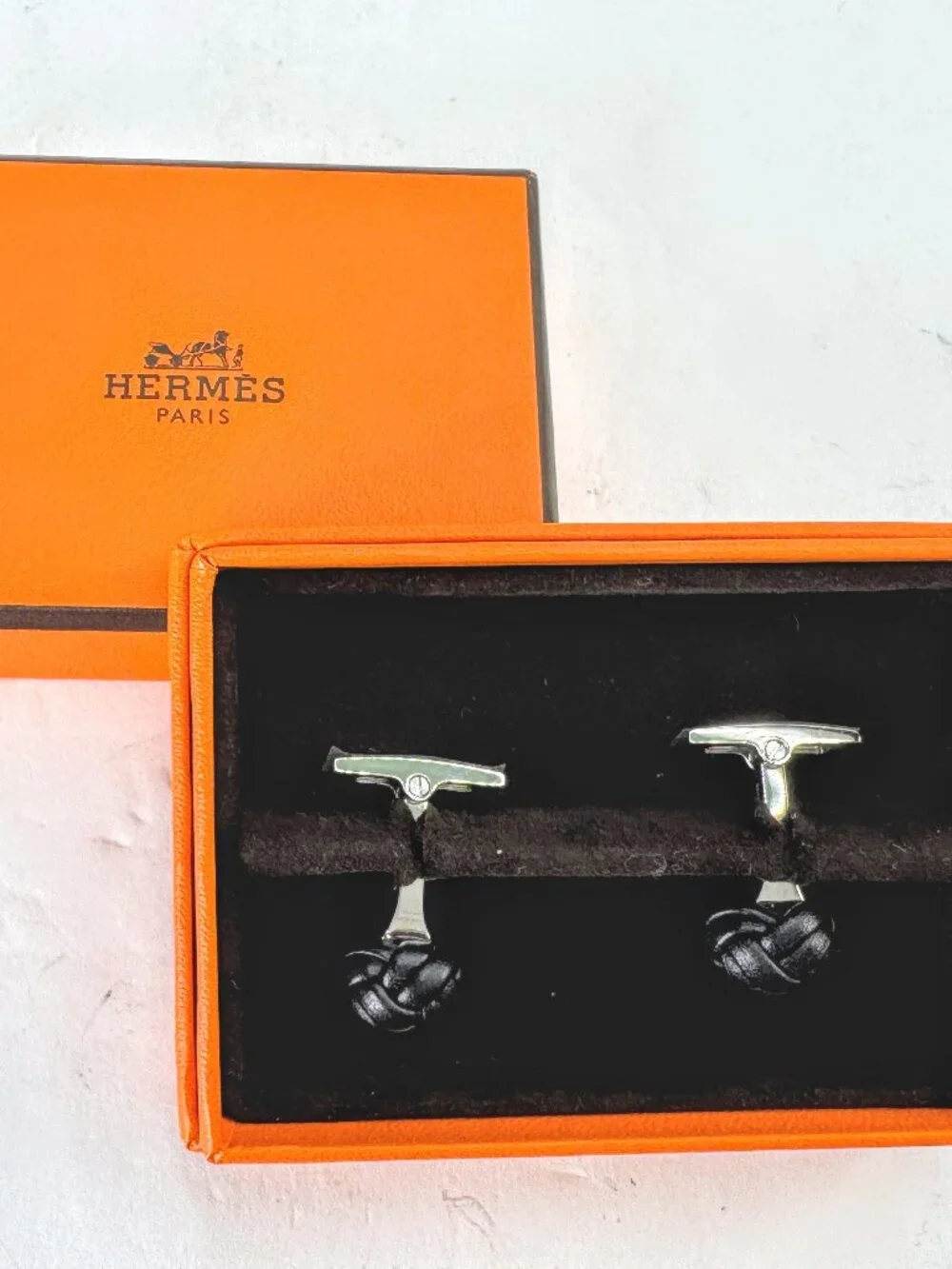 Vintage Hermès Noir Leather Pom-Pom Pompon Knot Cufflinks with Box SS393
